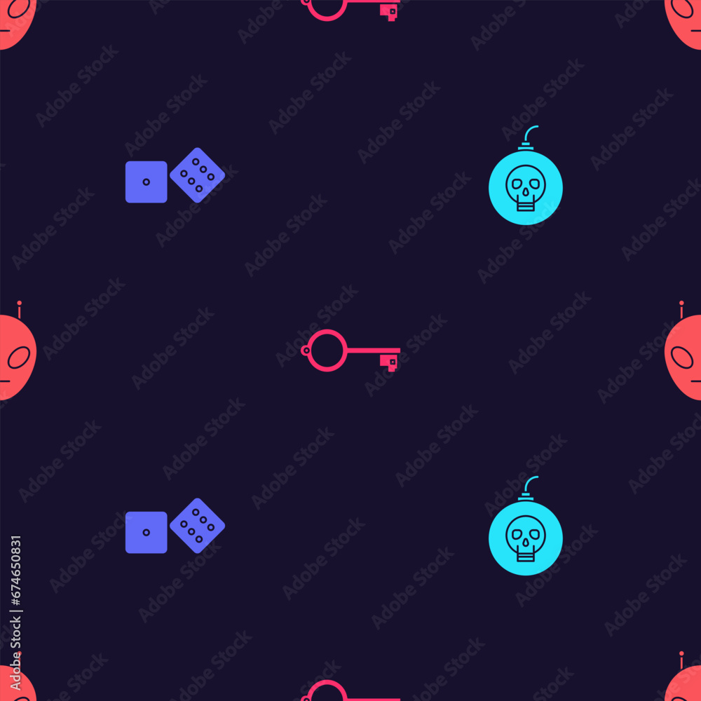 Poster set bomb ready to explode, game dice, ancient key for game and alien on seamless pattern. vector