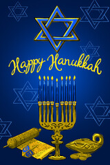 Dark-blue verical Hanukkah Greeting card - obrazy, fototapety, plakaty