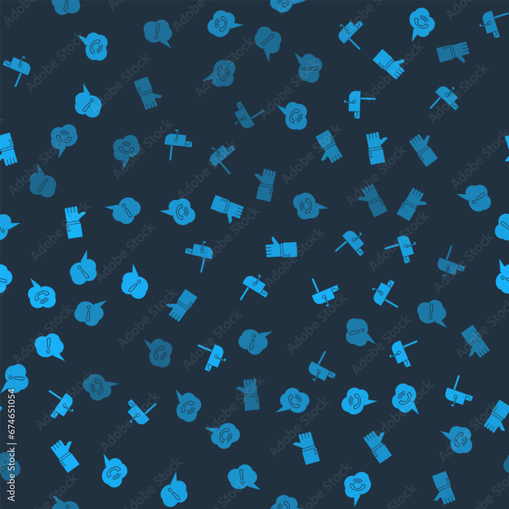 Poster set speech bubble with phone call, open mail box, hand thumb up and exclamation on seamless pattern.