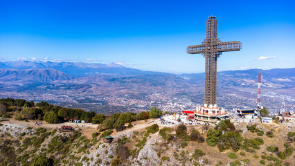 Millennium Cross on the top of Vodno mountain hill in Skopje, Macedonia - obrazy, fototapety, plakaty