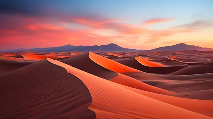 Foto auf Acrylglas Antireflex Desert panorama with sand dunes and mountains at sunrise. © Iman