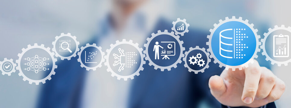 Big data, data analytics and AI concept. Person touching icons about database, data engineering, computing, analyzing, machine learning, neural network, artificial intelligence. Process automation.