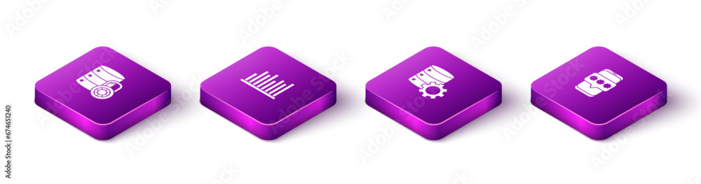 Poster set isometric server security with lock, pie chart infographic, and gear and mobile password icon. v