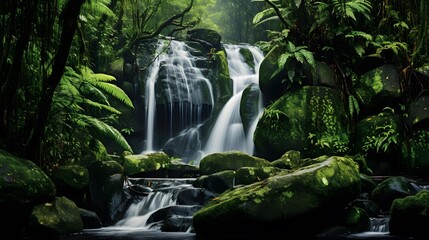 Waterfall in the rainforest. BANNER, LONG FORMAT