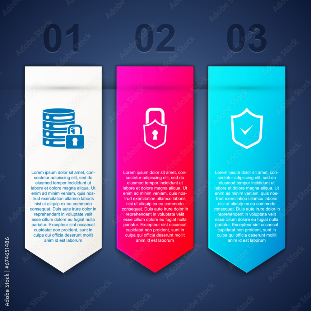 Aufkleber set server security with lock, lock and shield check mark. business infographic template. vector