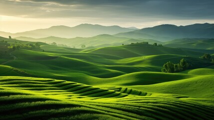 Obraz premium grass land beautiful green landscape illustration summer sky, spring field, meadow cloud grass land beautiful green landscape