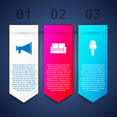 Set Megaphone, Cinema chair and Microphone. Business infographic template. Vector