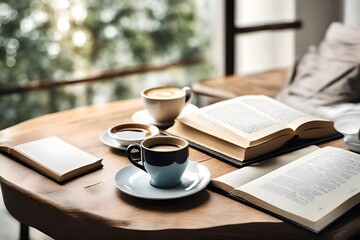 flatly of book and coffee on table for morning relaxing time - obrazy, fototapety, plakaty