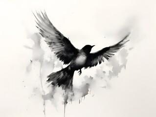 black and white image of a bird with wings spread, watercolor