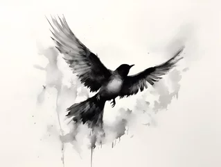 Rolgordijnen black and white image of a bird with wings spread, watercolor © Iman