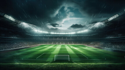 Football arena with gates, grass field and blurred fans. Lanterns. Outdoor sports concept,...