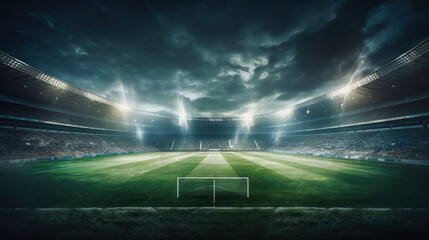 Football arena with gates, grass field and blurred fans. Lanterns. Outdoor sports concept, championship, play space. - obrazy, fototapety, plakaty