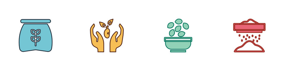 Set Bag of flour, Plant in hand, Seeds bowl and Sifting icon. Vector