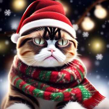 Comical portrait of a cat wearing a Christmas hat and scarf.  Generative AI