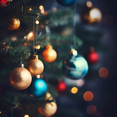 Christmas and New Year holidays, Christmas background, glass ball ornaments, close-up of the baubles on the Christmas tree