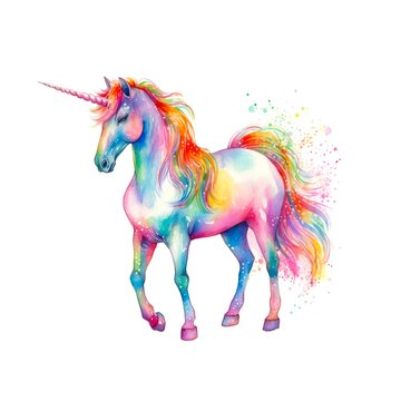 Rainbow unicorn on white background in watercolor style.