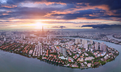 Aerial panorama of Ho Chi Minh city at sunset, Vietnam