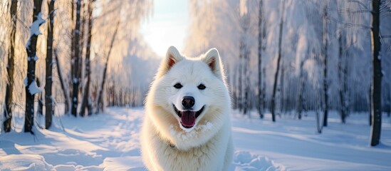 In the background of the snowy winter forest a white dog happily runs through the park with a cute...