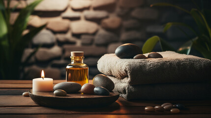 Aesthetically Pleasing Spa Salon Background in Deep Dark Tones: Featuring Massage Oils, Soft Towels, Stones, Candles, Conveying a Sense of Relaxation and Bliss