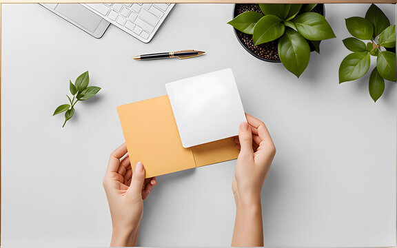 Female hands holding envelope on office desk. Top view with copy space