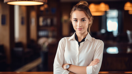 Young woman hotel administrator at the reception. Smiling woman at the workplace. Concept of business, working with people. - obrazy, fototapety, plakaty