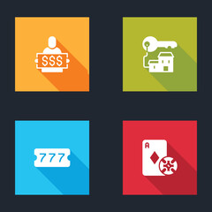 Set Winner holding prize ticket, Winning house with key, Lottery and Casino chip and playing cards icon. Vector