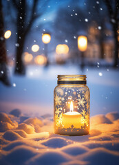 Photo of the candle in the snow on the blurred bokeh background