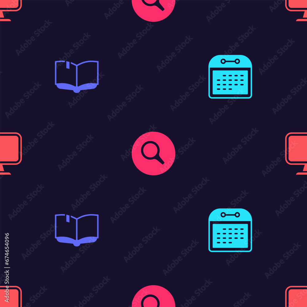 Poster set calendar, open book, magnifying glass and computer monitor on seamless pattern. vector