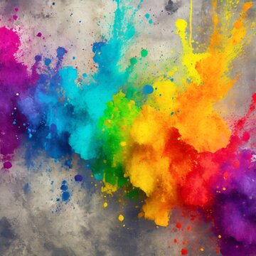 インクの飛び散りイラスト。ペンキ、爆発イメージ、しぶき、虹色のアート。