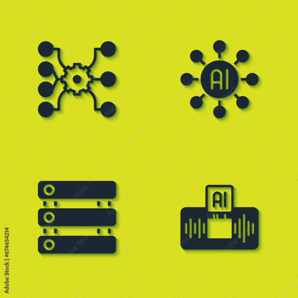 Poster set neural network, artificial intelligence ai, server, data and icon. vector