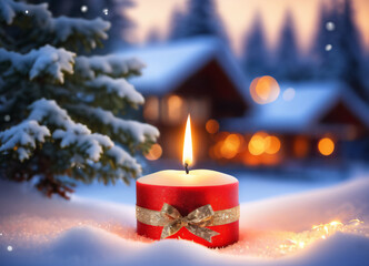 Photo of the candle in the snow on the blurred bokeh background