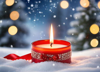 Photo of the candle in the snow on the blurred bokeh background