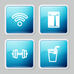 Set line Wi-Fi wireless network, Paper financial check, Dumbbell and Glass with water icon. Vector