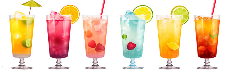 Alcohol Cocktail Mocktail. Many assorted different range types isolated on transparent or white background cutout