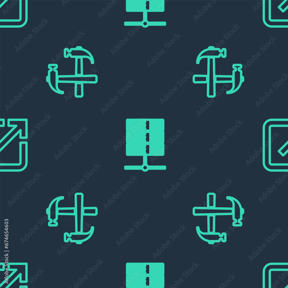 Poster set line server, data, web hosting, two crossed hammers and open new window on seamless pattern. vec