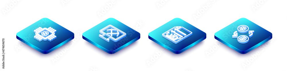 Aufkleber set isometric line processor chip with dollar, mining monitor and pickaxe, smart contract and crypto