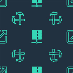 Set line Server, Data, Web Hosting, Two crossed hammers and Open new window on seamless pattern. Vector