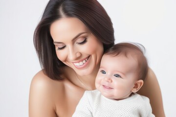 Obraz na płótnie Canvas Beautiful young smiling mom hugs happy baby. Concept of family love and happiness. Generative AI