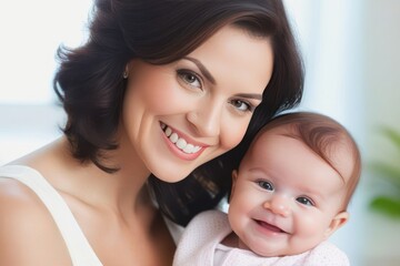 Beautiful young smiling mom hugs happy baby. Concept of family love and happiness. Generative AI