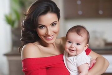 Beautiful young smiling mom hugs happy baby. Concept of family love and happiness. Generative AI