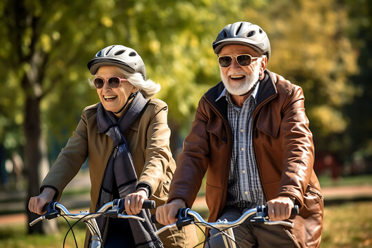 happy couple of elderly people ride bicycles in the park together, senior family spend time actively, sports in the fresh air © Marina Shvedak