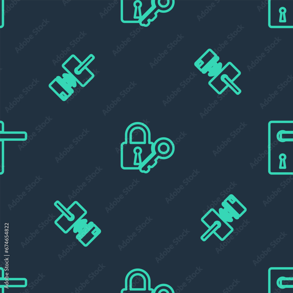Poster set line lock and key, digital door lock with wireless and door handle on seamless pattern. vector