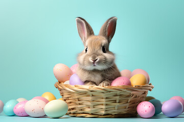funny easter bunny with colorful painted eggs isolated on a neutral background