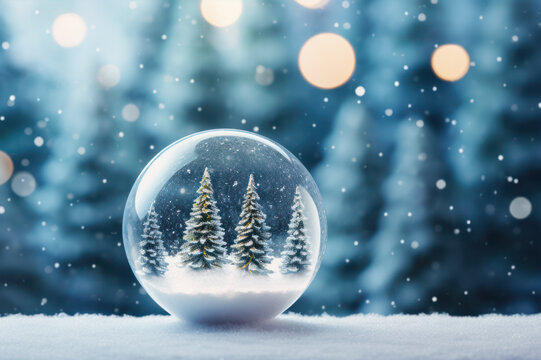 Christmas glass ball with winter scene snow and trees inside