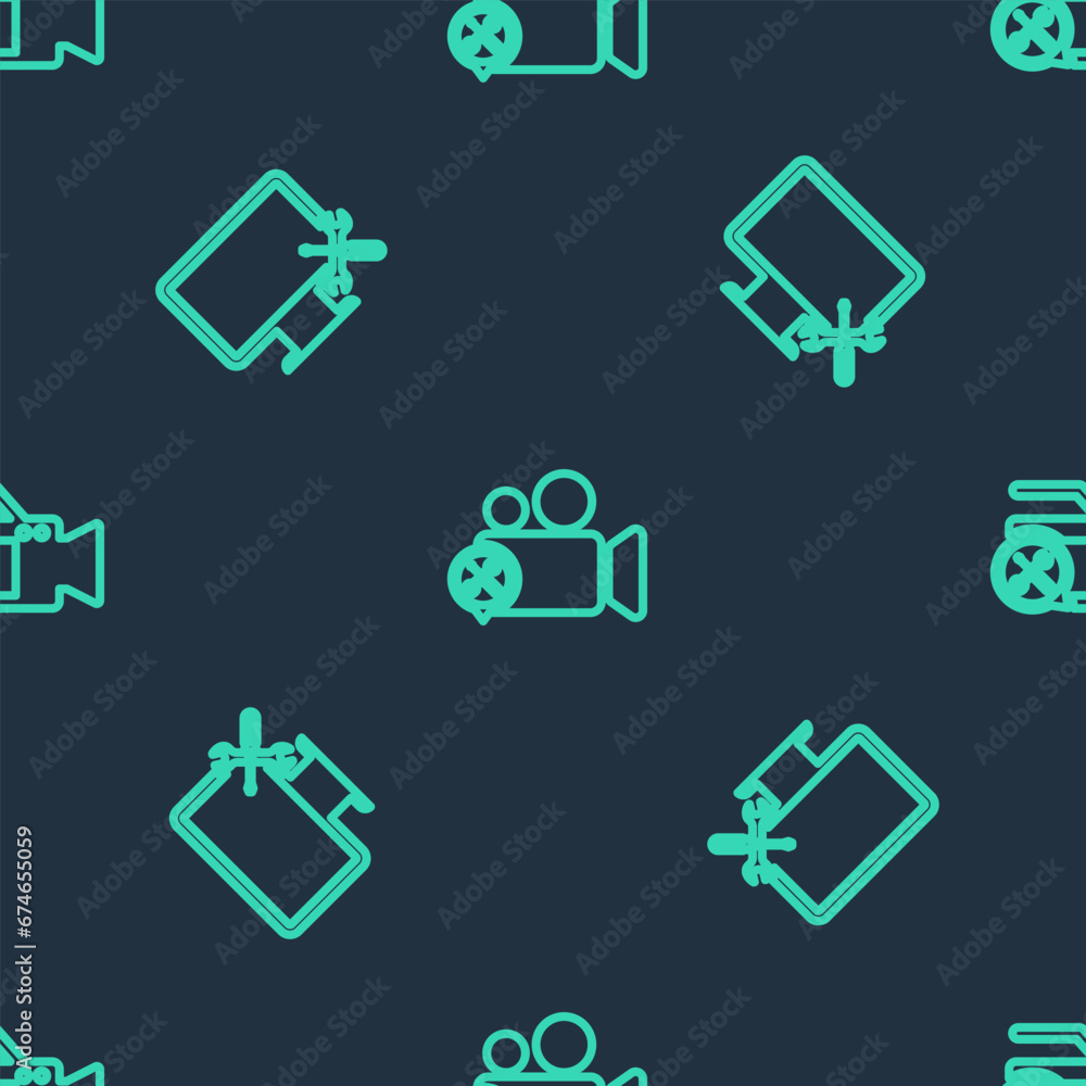 Poster set line video camera service, computer monitor and on seamless pattern. vector