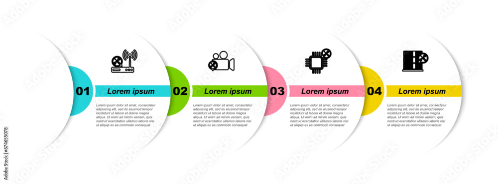 Poster set line router wi-fi service, video camera, processor and database server. business infographic tem