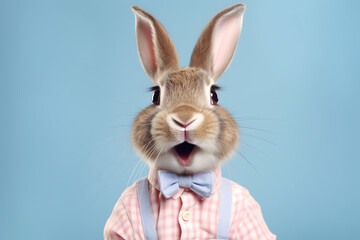 Obraz premium Anthropomorphic funny Easter bunny in human clothes isolated on a neutral background