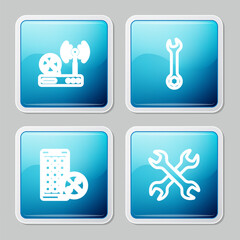 Set line Router wi-fi service, Wrench, Mobile Apps and Crossed wrenchs icon. Vector