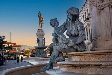 Skopje - Macedonia, October 29, 2023, Warrior monument and other sculptures in Skopje city center