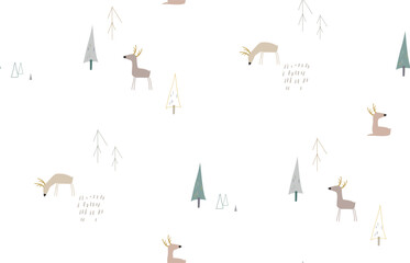 Winter seamless pattern with deers in forest